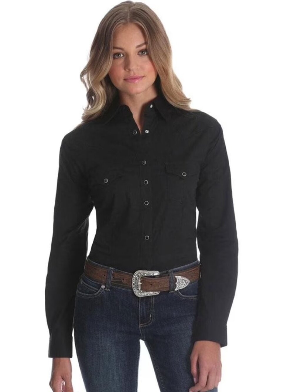 Wrangler Black Long Sleeve Solid Snap - Ladies Shirt - Lw1002X Size L (New)